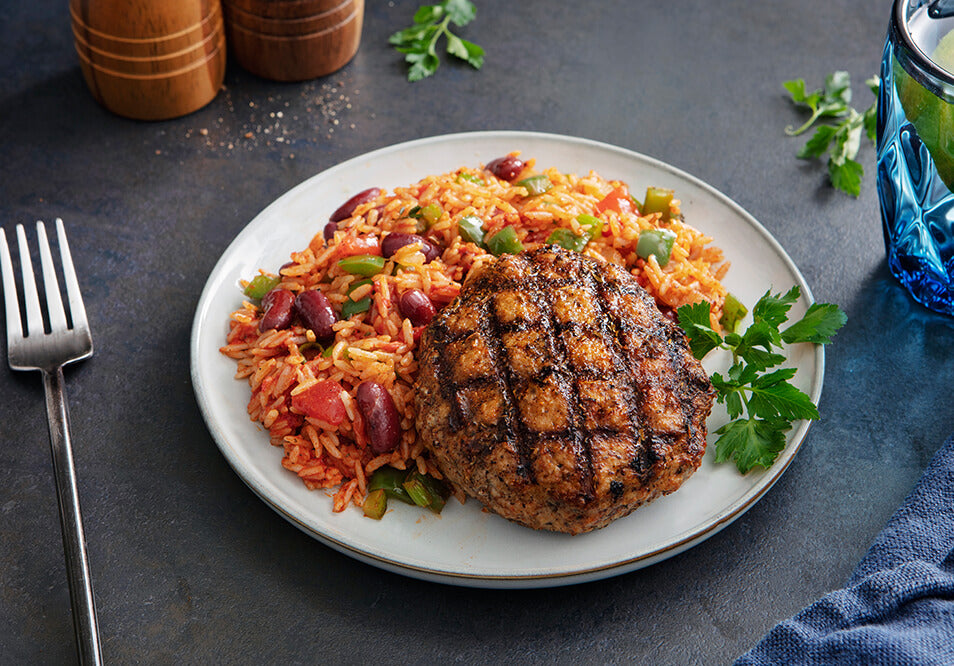 Blackened Chicken Burger with Red Beans and Rice
