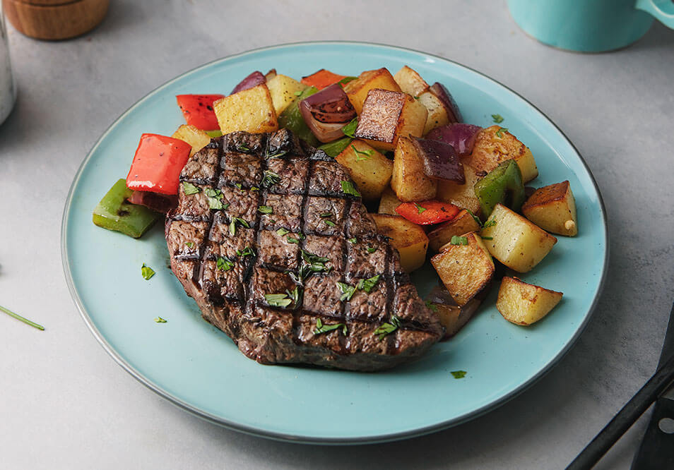 Grilled Grass-Fed Breakfast Top Steak with Home Fries