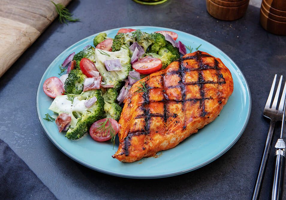 Buffalo Chicken with Bacon-Ranch Broccoli Salad