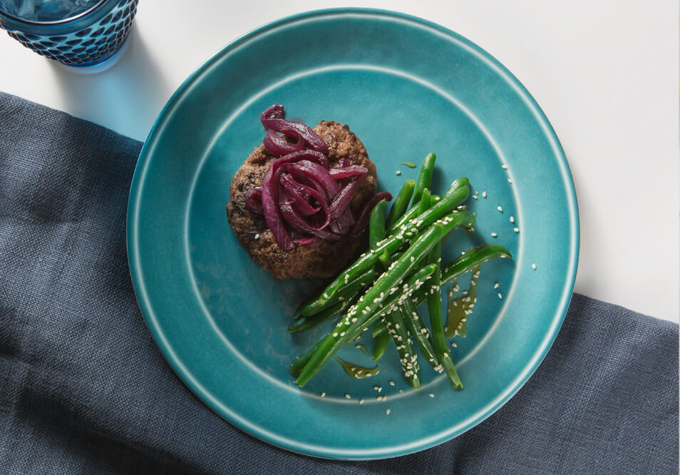 Grass-Fed Bison Burger with Red Wine Onions and Aged White Cheddar with Southern Green Beans