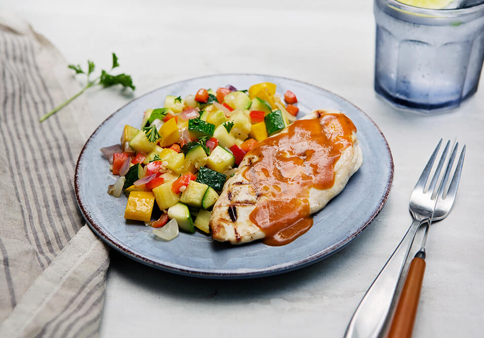 Carolina Gold BBQ Chicken with Sauteed Squash, Red Peppers and Onions