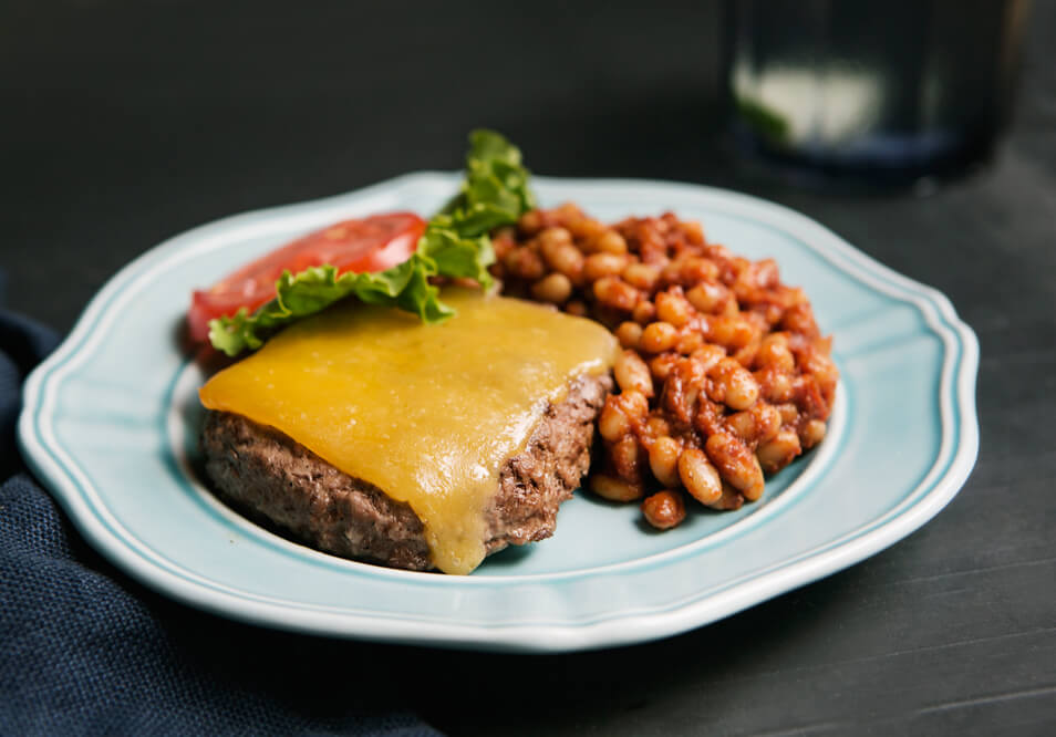 Cheddar Grass-Fed Beef Burger and Boston Baked Beans