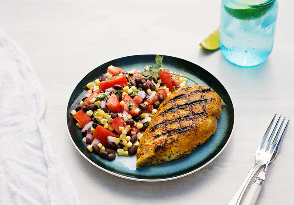 Chicken Adobo with Black Bean, Organic Corn and Tomato Salad