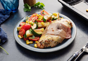 Blue Ribbon Chicken Cordon Bleu with Sauteed Zucchini, Corn and Tomato