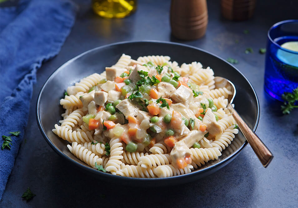 Chicken Noodle 'Soup' over Spiraled Chickpea Pasta