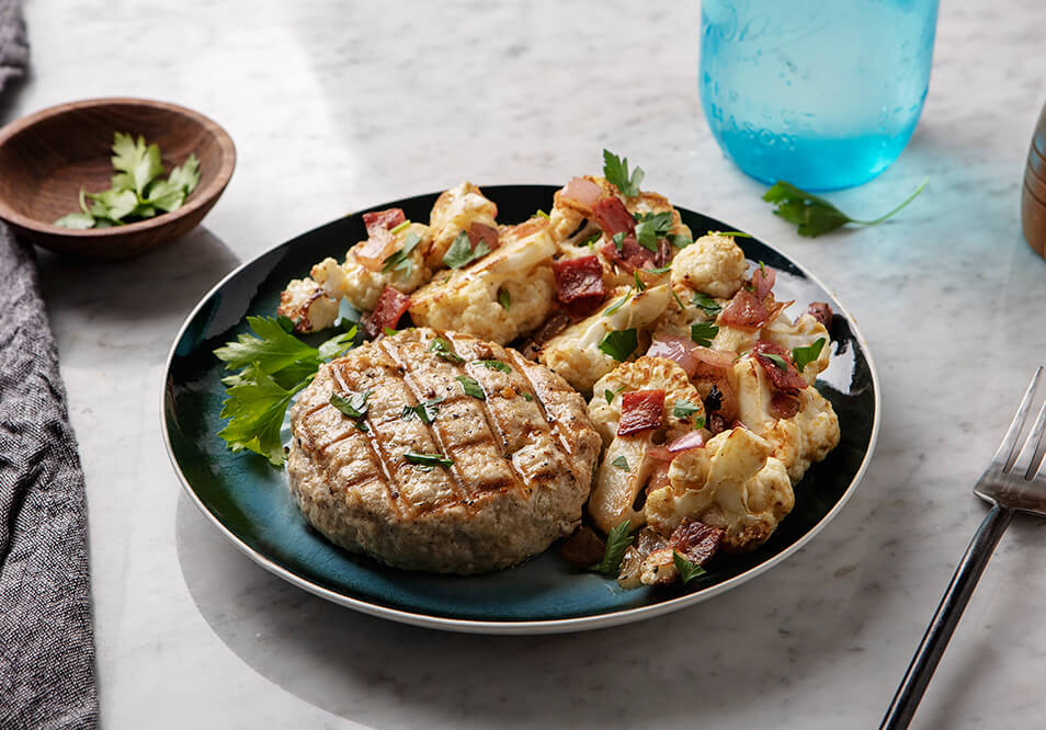 Chicken Brat Burger and Roasted Cauliflower with Turkey Bacon