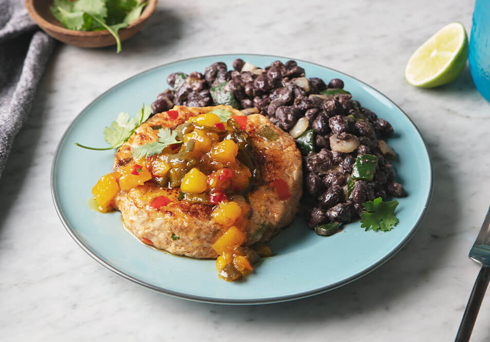 Chili Lime Wild-Caught Mahi Mahi Cake with Black Beans and Mango Salsa