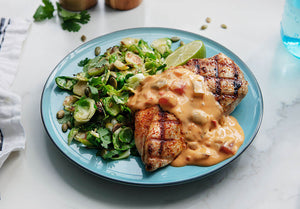 Chili Cheese Chicken with Cilantro Lime Brussels Sprouts