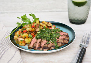 Chimichurri Grass-Fed Flank Steak with Oven Home Fries, Peppers and Onions