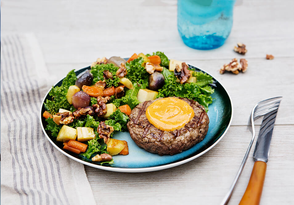 Chipotle Aioli Grass-Fed Beef Burger with Roasted Root Vegetable Salad