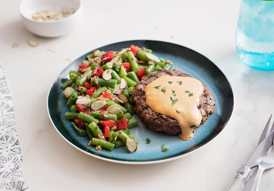 Chipotle Aioli Grass-Fed Beef Burger with Mustardy Green Beans, Peppers and Almonds