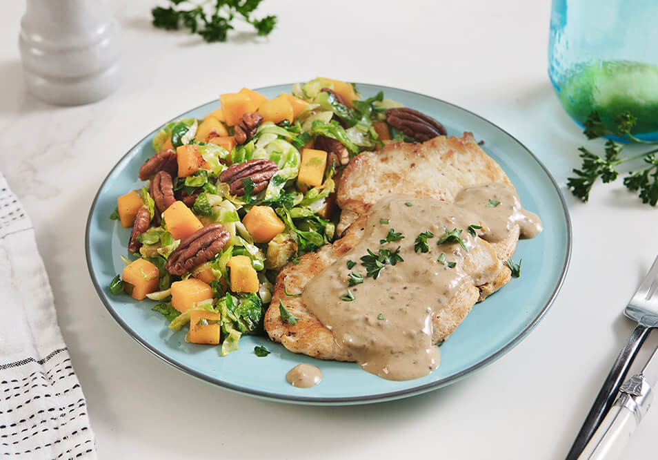 Cider Dijon Turkey Cutlet with Shredded Brussels Sprouts, Butternut Squash and Pecans