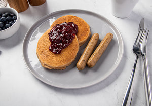 Ceylon Cinnamon Spice Pancakes with Mixed Berry Compote and Organic Breakfast Chicken Sausage