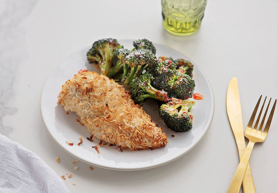 Coconut Crusted Chicken with Bang Bang Broccoli