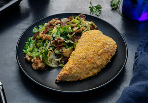 Cornmeal Crusted Chicken Breast with Shredded Brussels Sprouts and Turkey Bacon