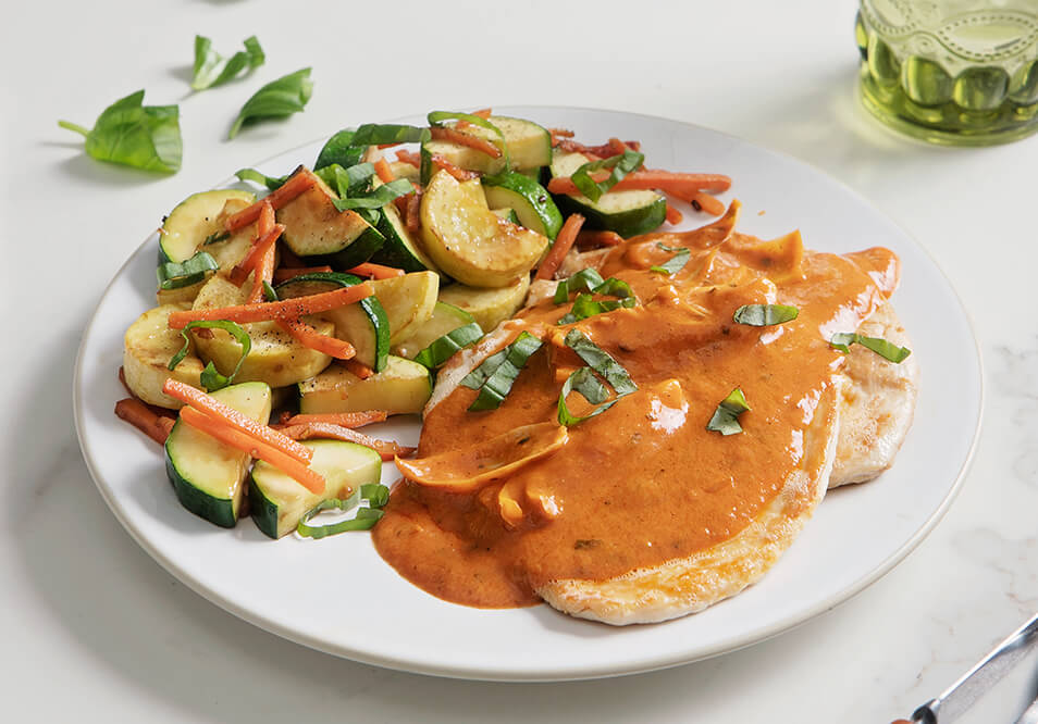 Organic Turkey Cutlet with Paleo Creamy Tomato-Artichoke Sauce and Roasted Zucchini Medley