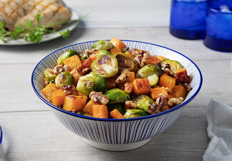 Family Style Brussels Sprouts, Butternut Squash, and Walnuts