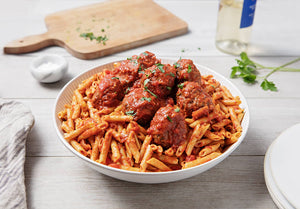Family Style Penne Pasta Al Pomodoro with Grass-Fed Beef Meatballs