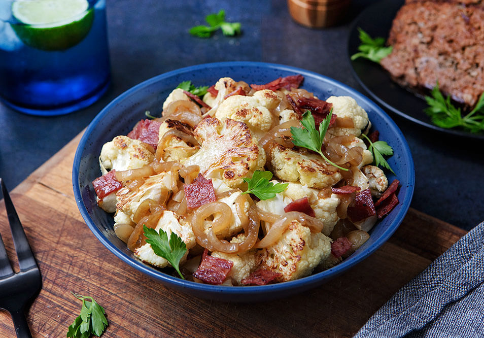 Family Style Roasted Cauliflower, Turkey Bacon and Caramelized Onions