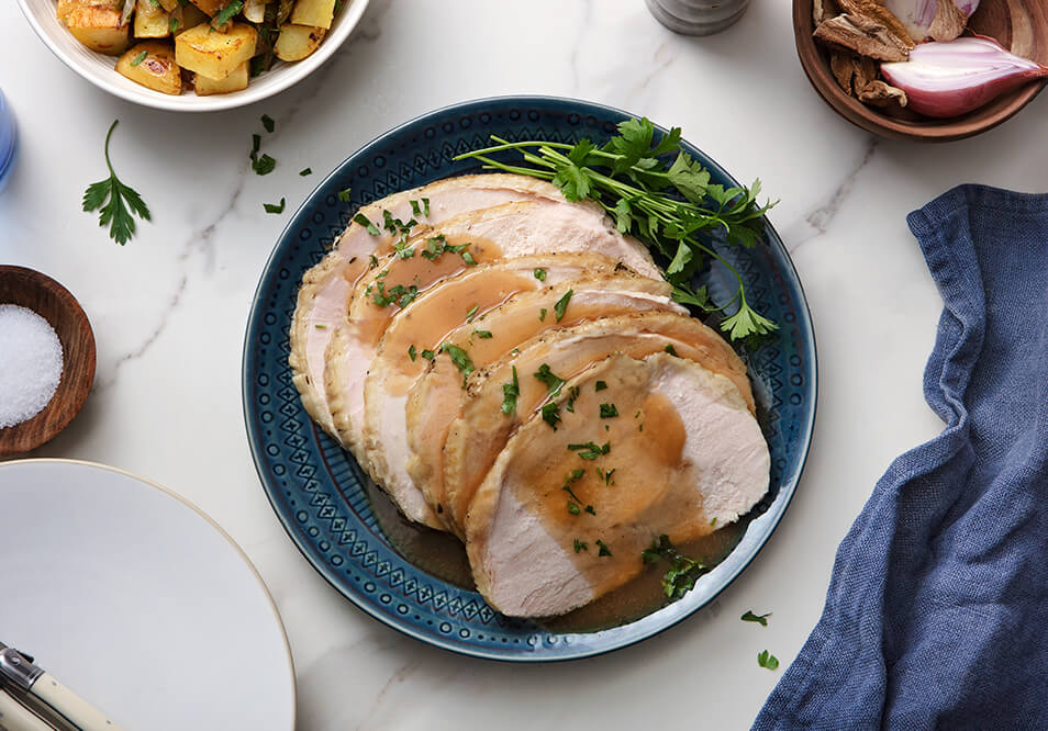 Family Style Turkey Breast with Shallot Porcini Gravy