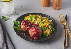 Free-Range Turkey Meatballs with Cranberry Sauce and Brussels Sprouts Almondine