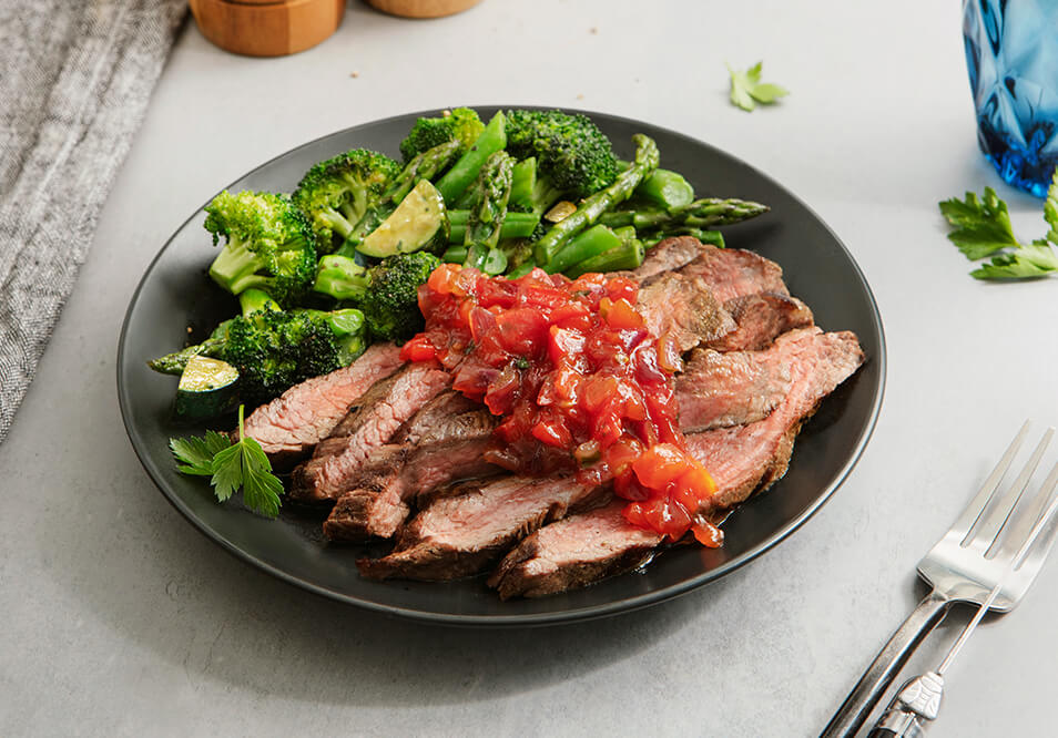 Grilled Grass-Fed Flank Steak with Fire-Roasted Tomato Relish and Fresh Vegetables