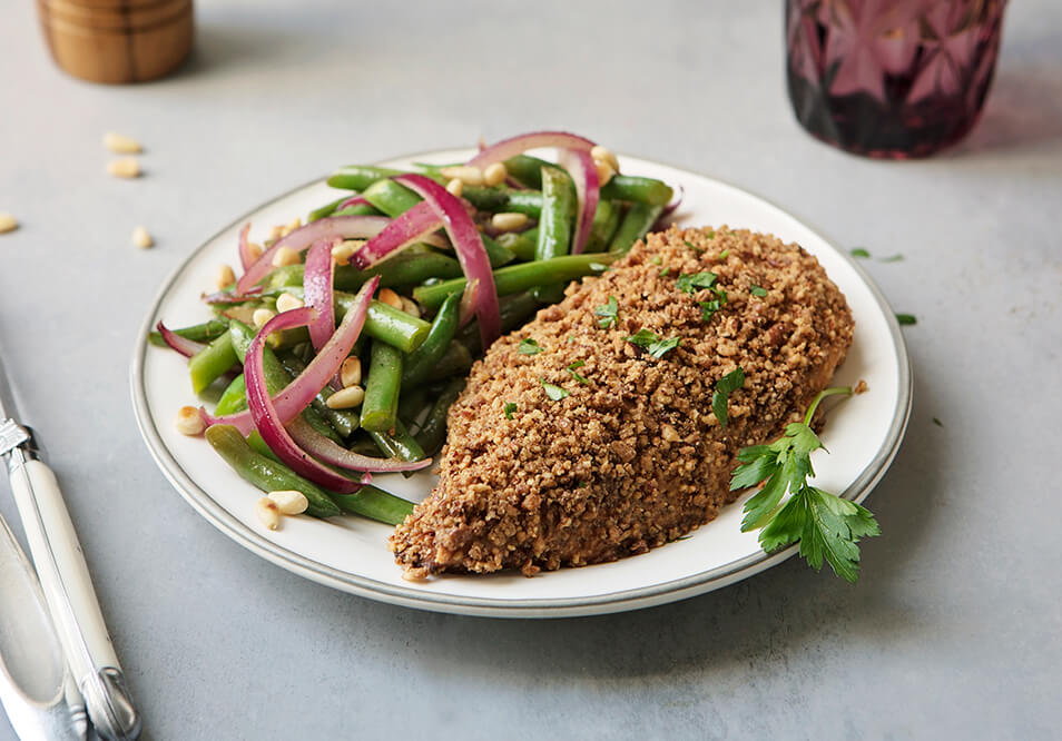 Garlic Pecan Chicken with Balsamic Olive Oil Green Beans