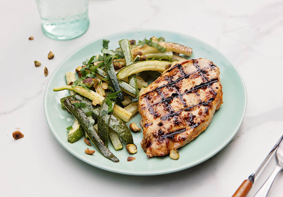 Garlic Chicken with Herbed Zucchini Spears and Toasted Pistachios