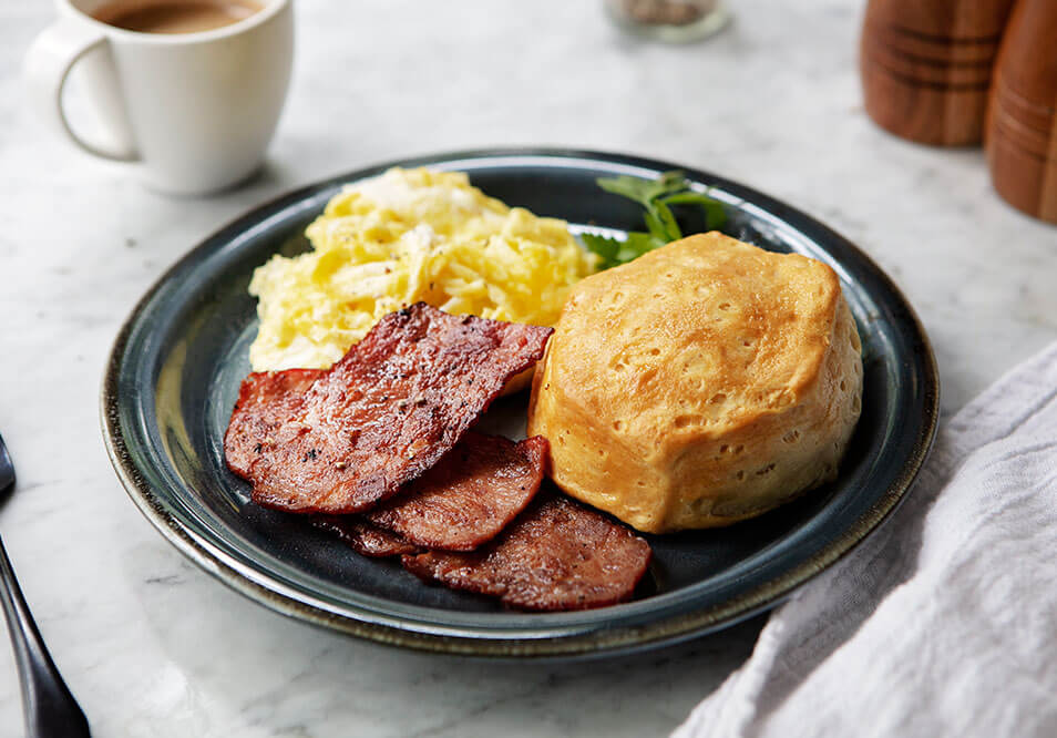 All-American Biscuit Breakfast with Free-Range Scrambled Eggs and Turkey Bacon