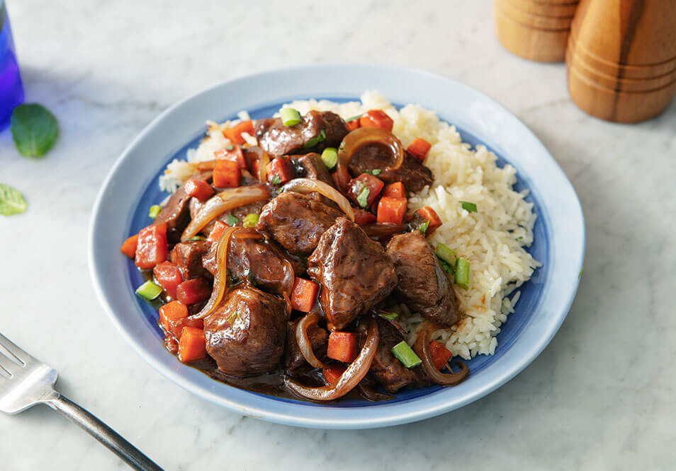 Asian-Style Braised Grass-Fed Beef with Jasmine Rice