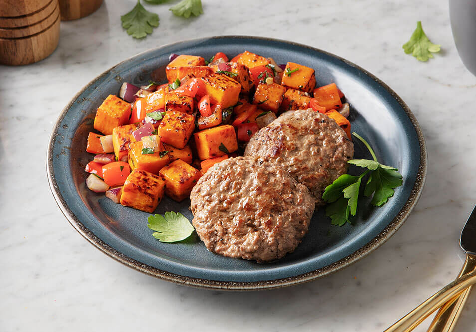 Grass-Fed Beef Breakfast Sausage with Sweet Potato Hash