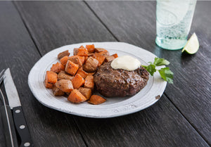 Grass-Fed Beef Burger, Garlic Aioli and Sweet Potato Home Fries