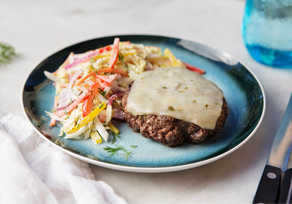 Grass-Fed Beef Burger with Pepper Jack and Creamy Cumin Lime Coleslaw