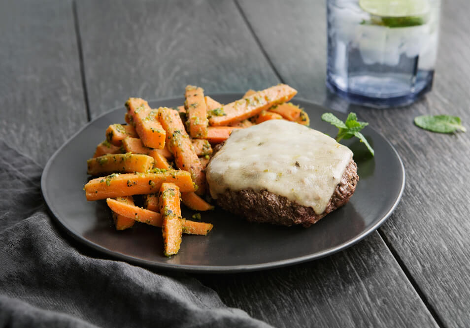 Grass-Fed Beef Burger with Pepper Jack Cheese and Pistachio Roasted Carrots