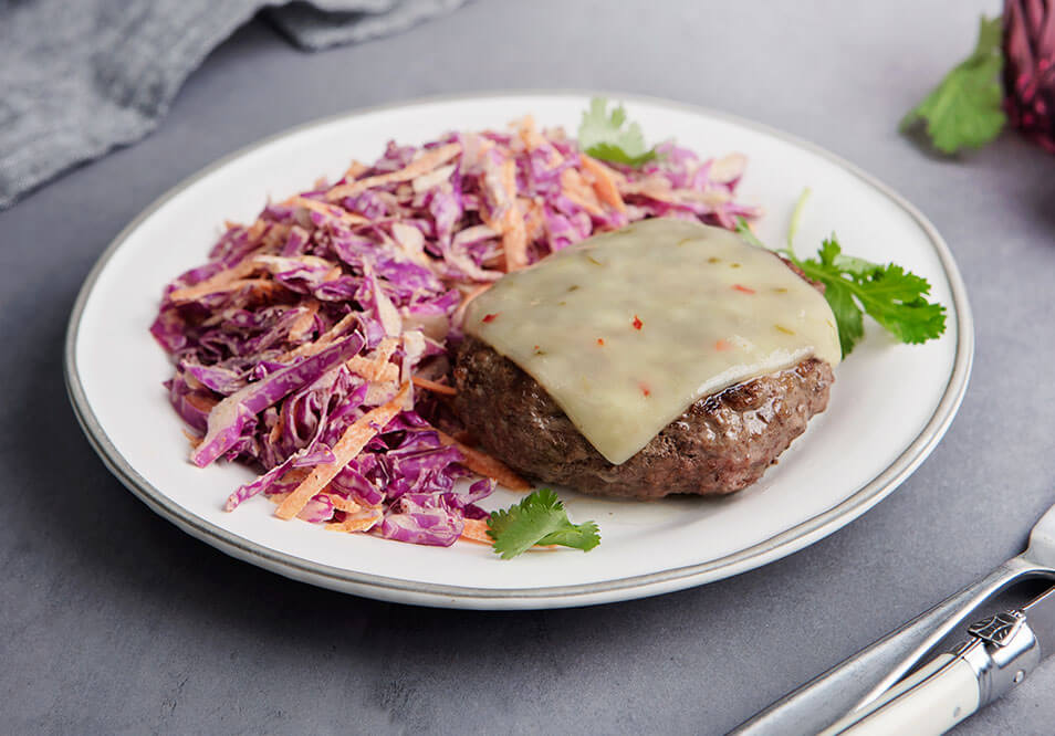 Grass-Fed Beef Burger with Pepper Jack Cheese and Creamy Red Cabbage Slaw