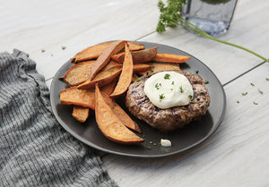 Grass-Fed Bison Burger with Garlic Aioli and Sweet Potato Wedges