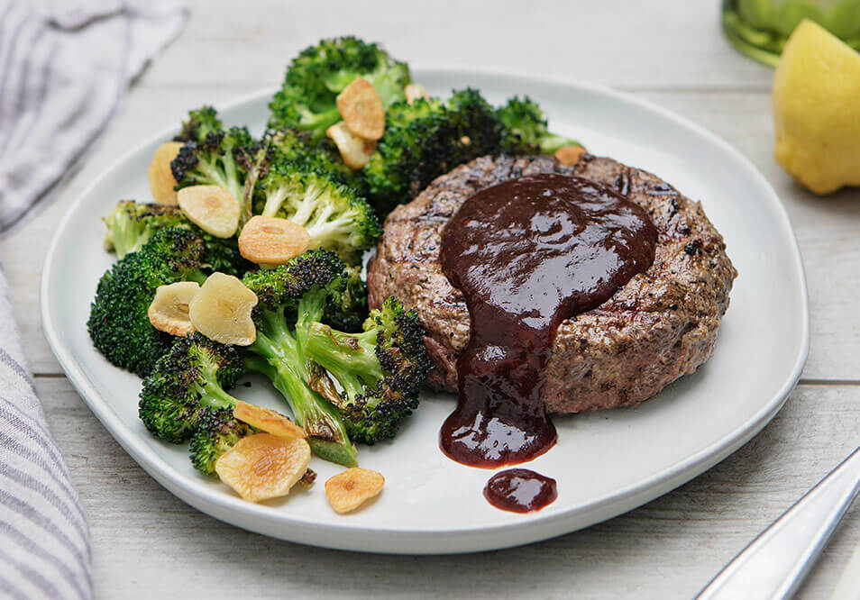 Grass-Fed Beef Burger with Chipotle Ketchup with Garlicky Broccoli