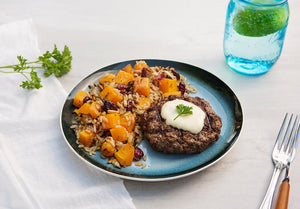 Grass-Fed Bison Burger with Garlic Aioli and Butternut Squash and Wild Rice Pilaf