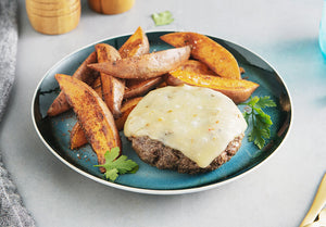 Grass-Fed Bison Burger with Pepper Jack Cheese and Southwest Sweet Potato Wedges
