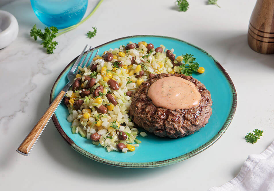 Grass-Fed Bison Burger with Southwest Aioli and Riced Cauliflower and Broccoli