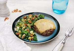 Grass-Fed Bison Gouda Burger with Spinach Saute