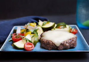Grass-Fed Bison Swiss Cheeseburger with Pan-Seared Vegetables