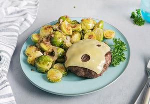 Grass-Fed Bison Swiss Cheeseburger with Roasted Dijon Mustard Brussels Sprouts