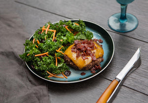 Grass-Fed Cheddar Bacon Burger with Kale Salad