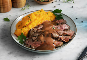 Grass-Fed Rosemary Steak with Red Wine Sauce and Whipped Butternut Squash