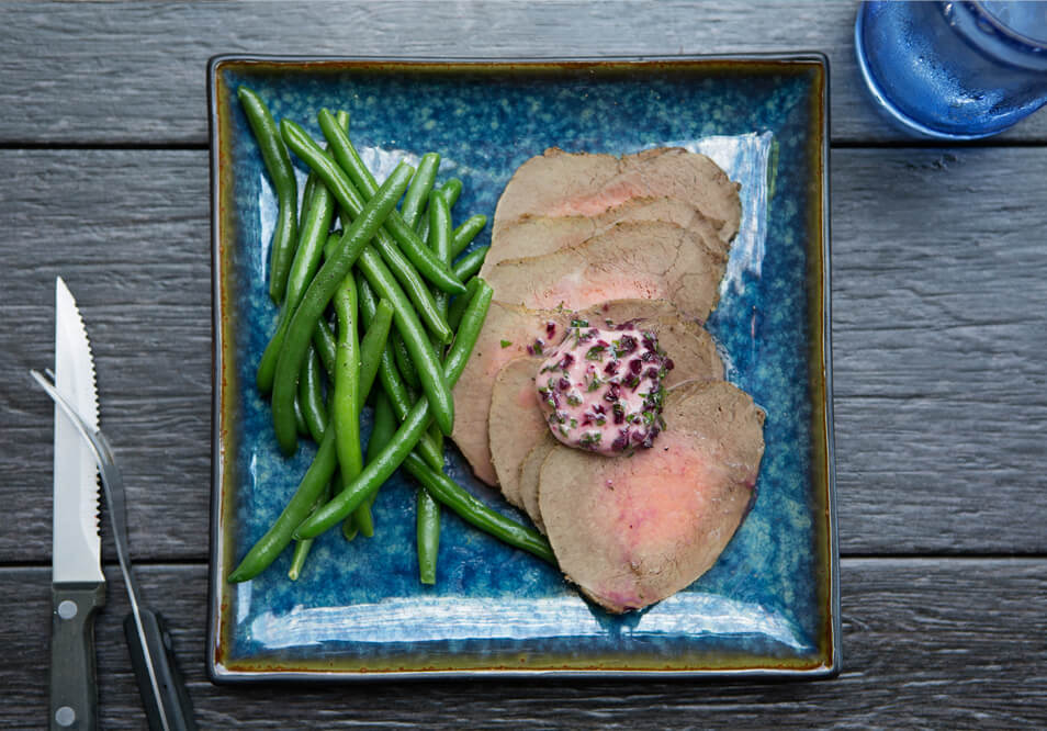 Grass-Fed Sliced Sirloin with Horseradish Butter and Fresh Green Beans