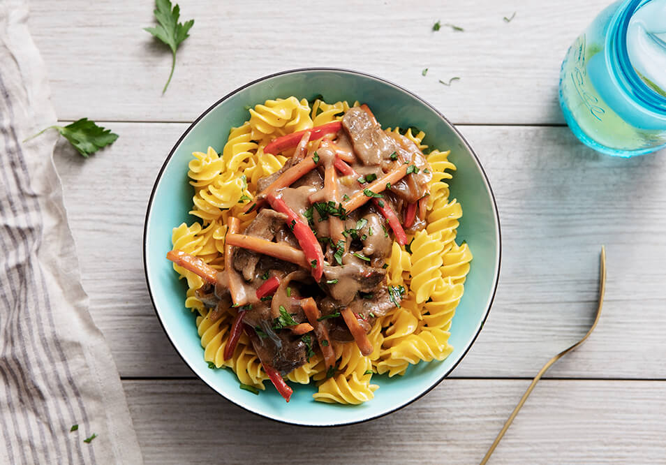 Grass-Fed Steak Stroganoff over Super Grain Rotini Pasta