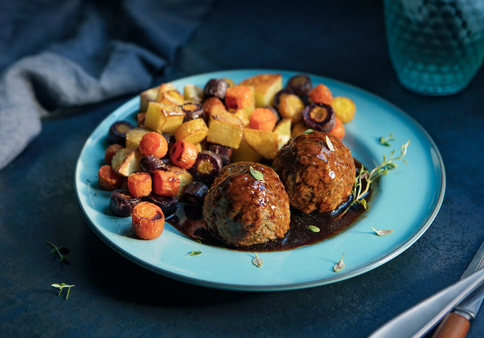 Grass-Fed Yak Meatballs with a Sherry Wine Sauce and Roasted Carrot and Potato Medley