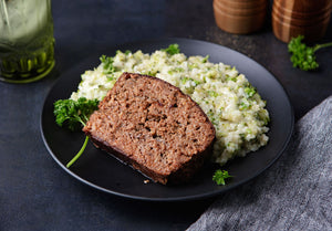 Grass-Fed Yak Meatloaf with Creamy White Cheddar Broccoli and Jasmine Rice