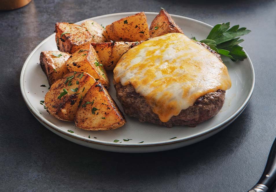Grass-Fed Beef Burger with Colby Jack and Seasoned Potato Wedges